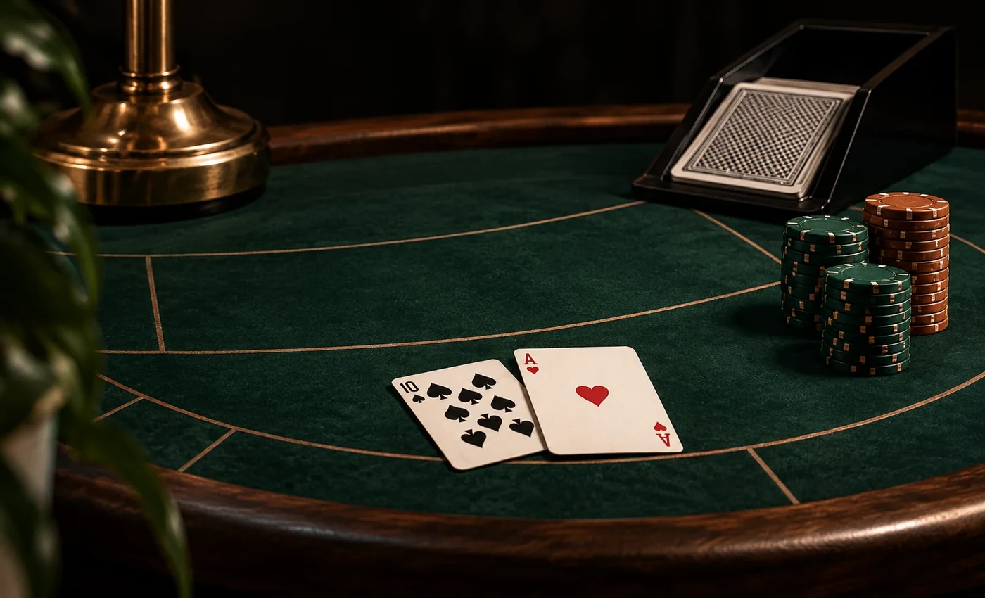 Illustrative studio scene of a blackjack table, cards, chips and dealing shoe